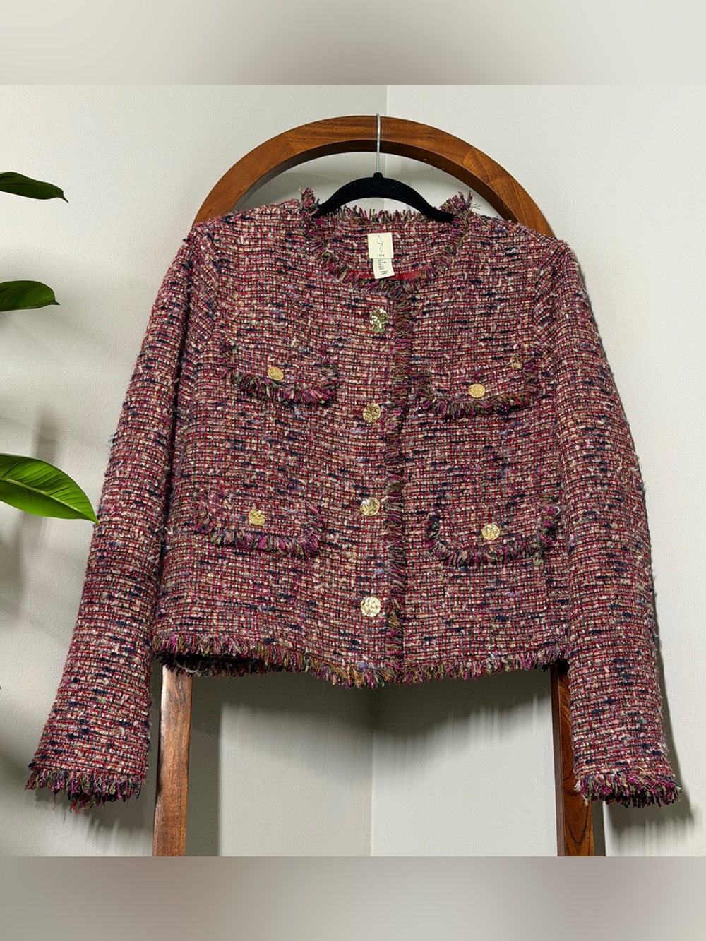 Joie LARGE Red Multicolored Tweed Button Front Blazer Jacket